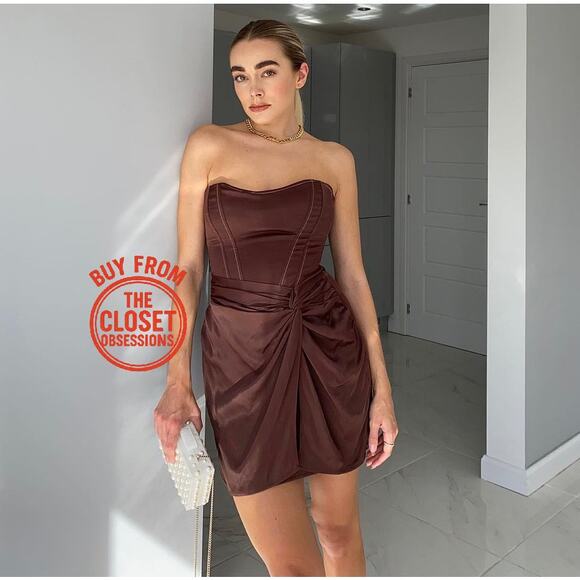ZARA Strapless Satin Short Dress NWT Brown Size L - Picture 9 of 16